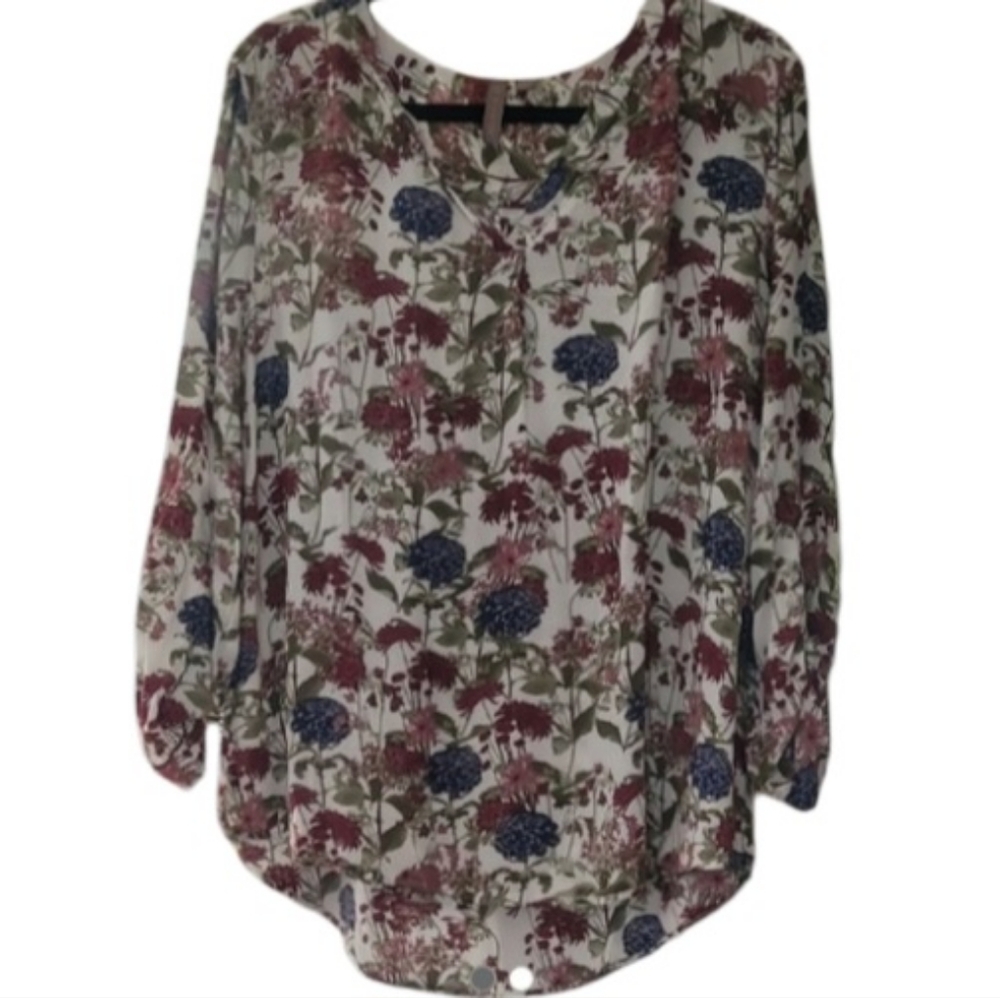 BRINA & EM Elegant Floral Long Sleeve Tunic High Low Blouse